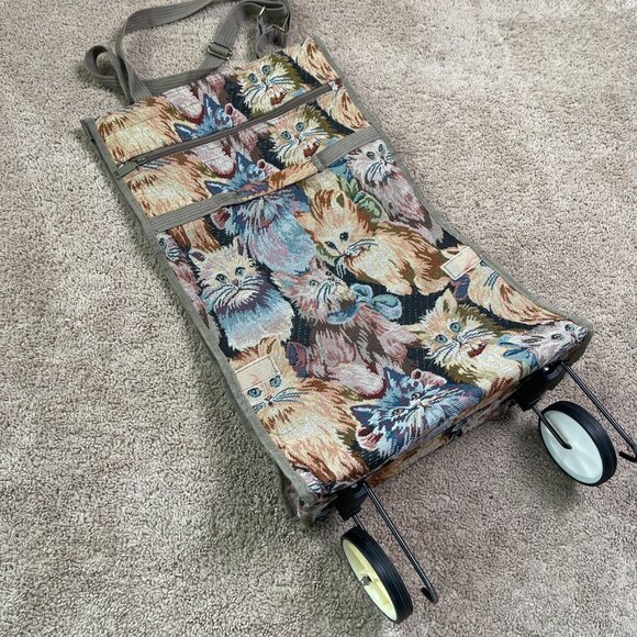 Tapestry Bag OS Brown Cats Shopping Travel Tote Wheels Foldable Farmers Market - Picture 3 of 13